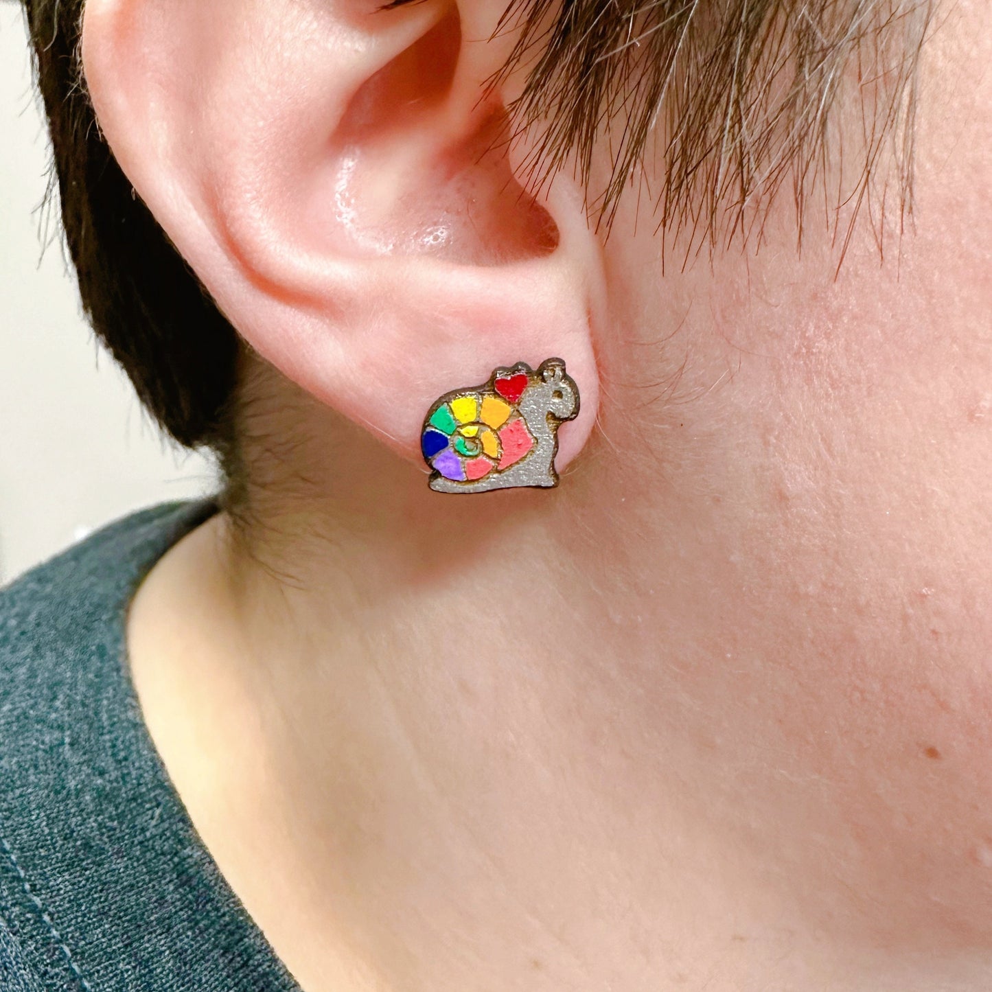 Rainbow Snail, Cute Snail Earrings, Rainbow Jewelry, Lightweight Wood Studs, Colorful Post Earrings