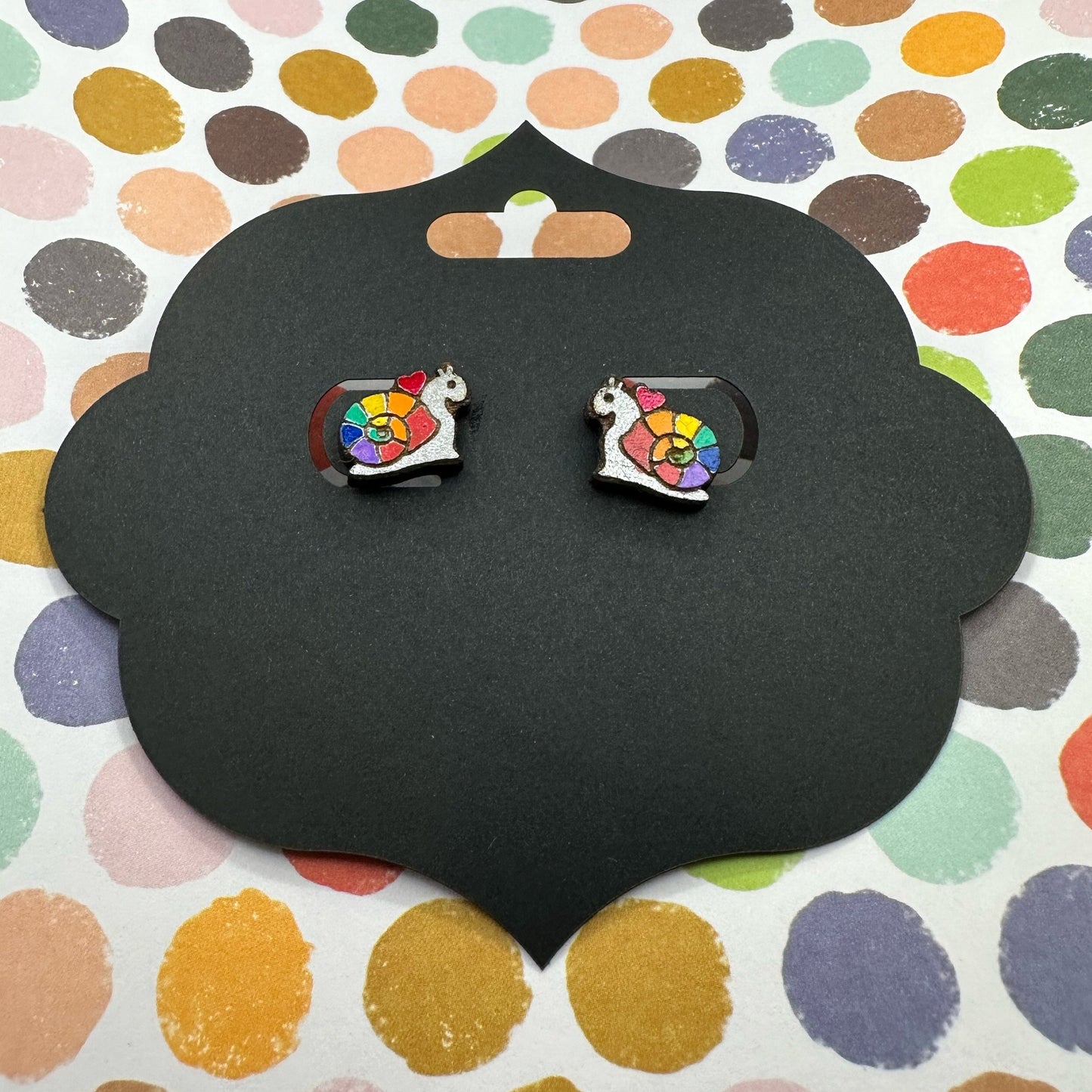 Rainbow Snail, Cute Snail Earrings, Rainbow Jewelry, Lightweight Wood Studs, Colorful Post Earrings