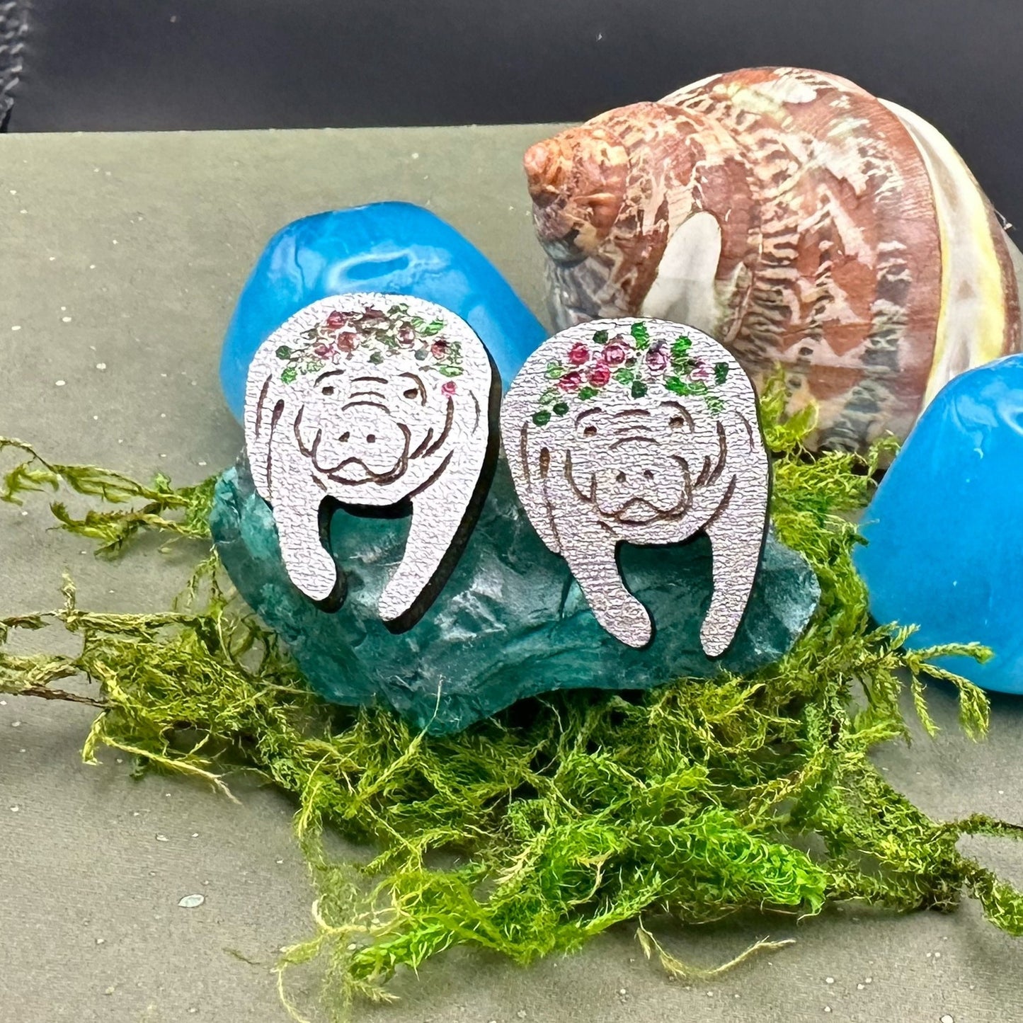 Manatee Earrings in a wood gift box