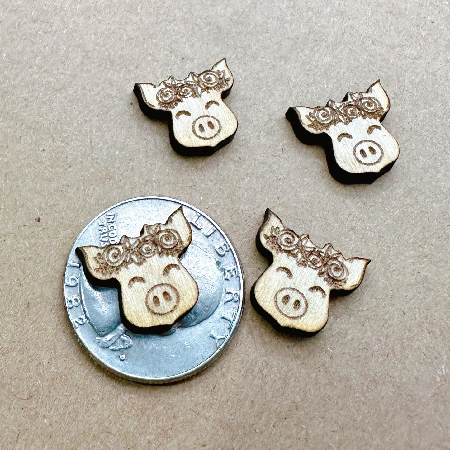 Pairs Pig in a Flower Crown Wood Earring Blanks, Unfinished Earrings, Laser Engraved Piggie Charms for Crafts or Jewelry