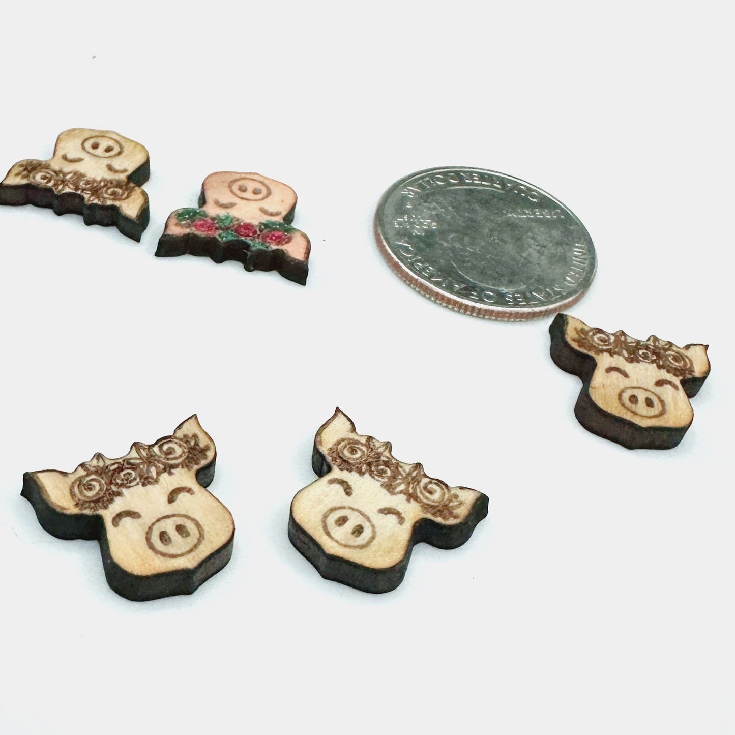 Pairs Pig in a Flower Crown Wood Earring Blanks, Unfinished Earrings, Laser Engraved Piggie Charms for Crafts or Jewelry