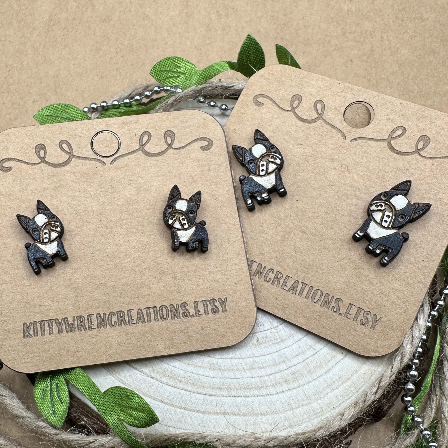 Boston Terrier Dog Post Earrings- two sizes -Mailed in a wood gift box-