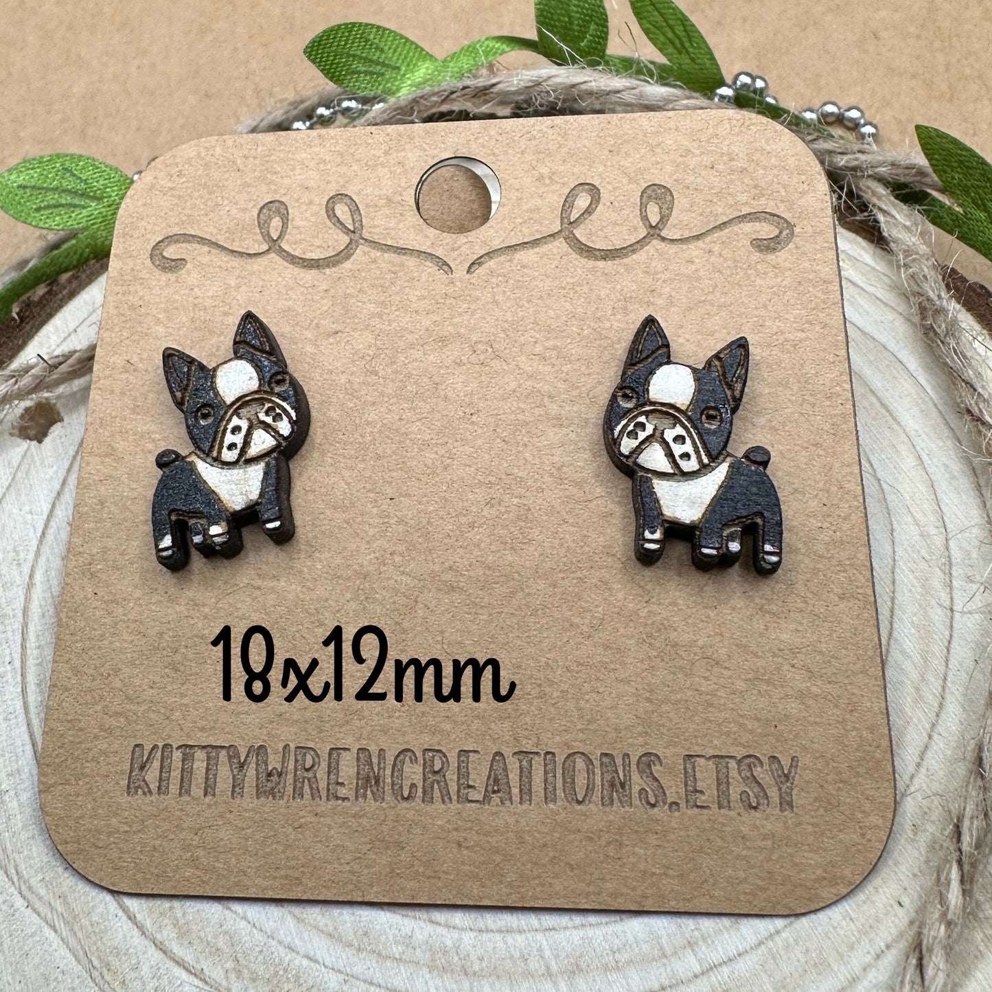 Boston Terrier Dog Post Earrings- two sizes -Mailed in a wood gift box-