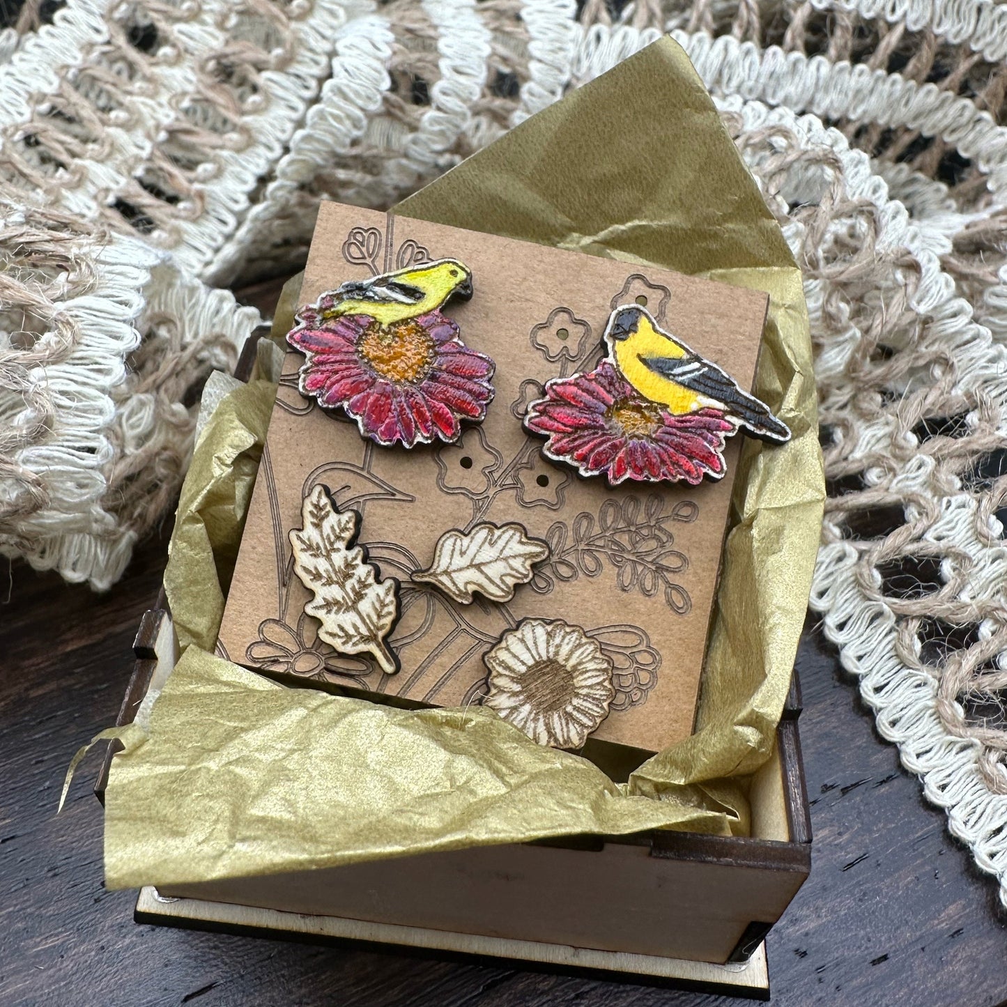 Asymmetrical Goldfinch on Coneflower Earrings in a wood gift box