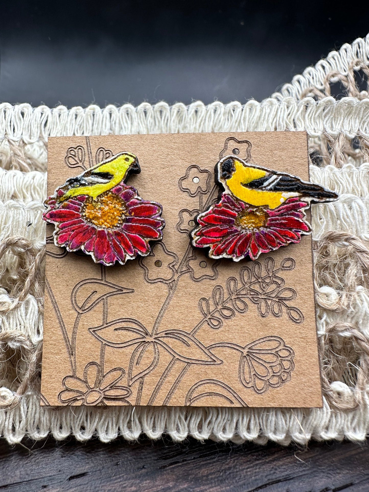 Asymmetrical Goldfinch on Coneflower Earrings in a wood gift box