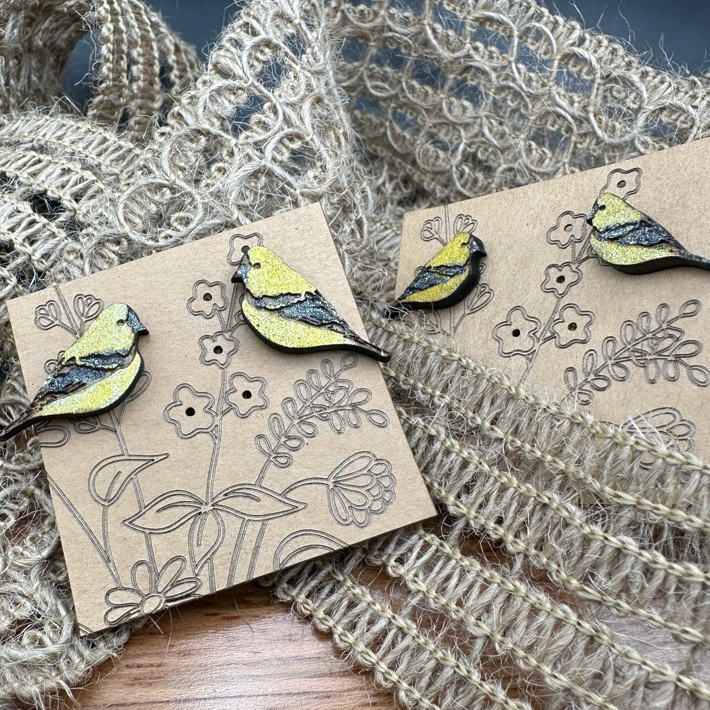 Handmade Goldfinch Earrings- 2 sizes -Mailed in a wood gift box-