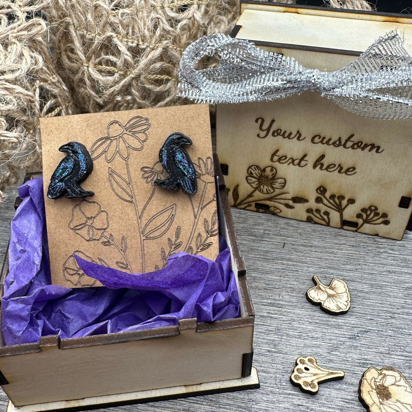 Crow Studs in a wood gift box