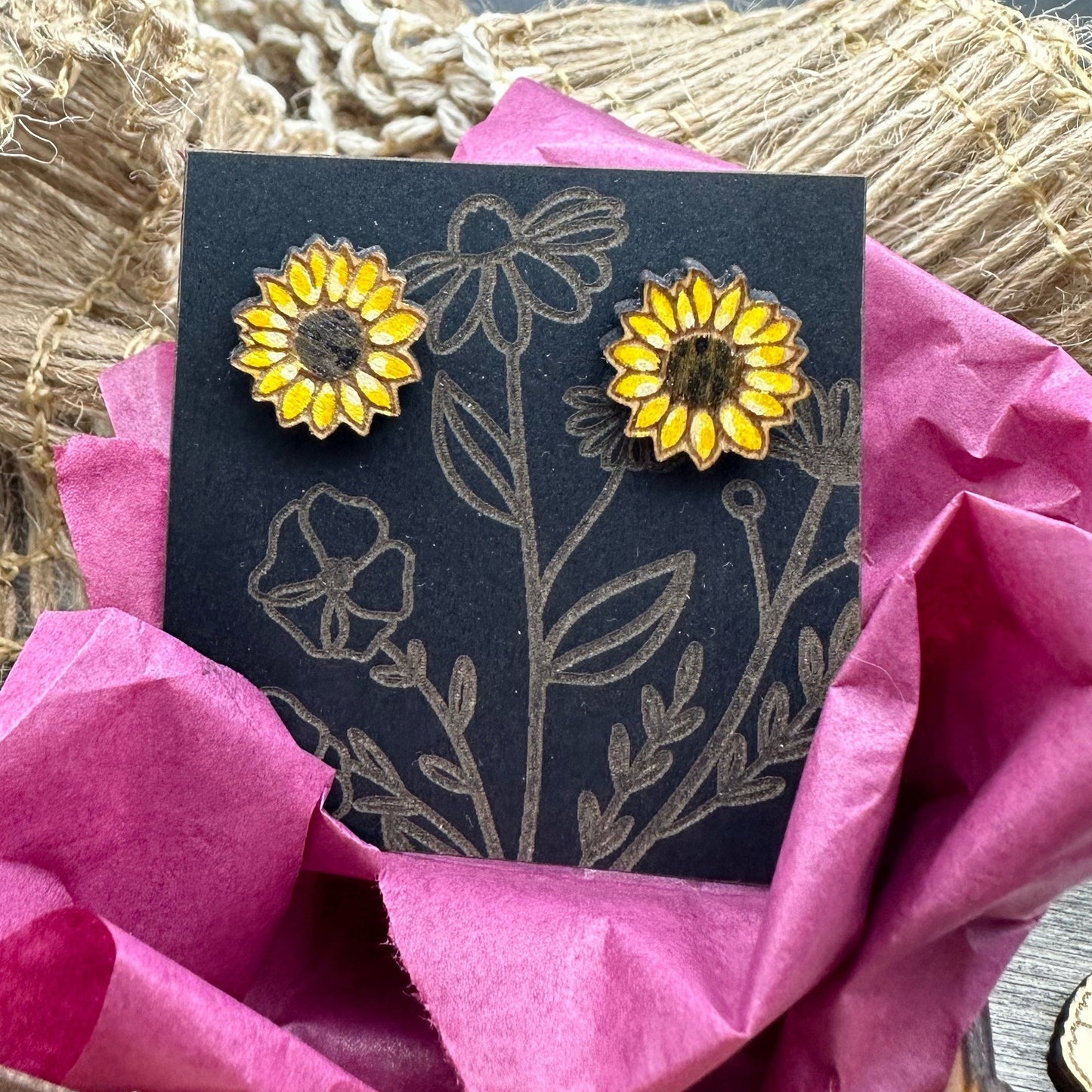 Painted Wood Sunflower Studs -Mailed in a wood gift box-