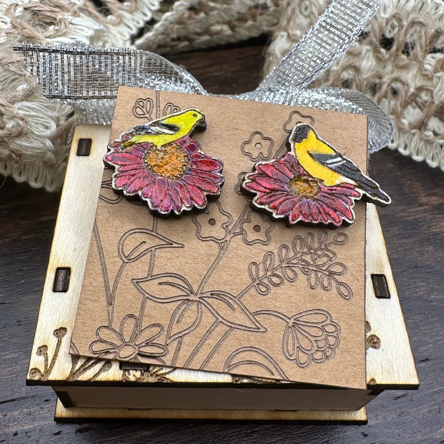 Asymmetrical Goldfinch on Coneflower Earrings in a wood gift box