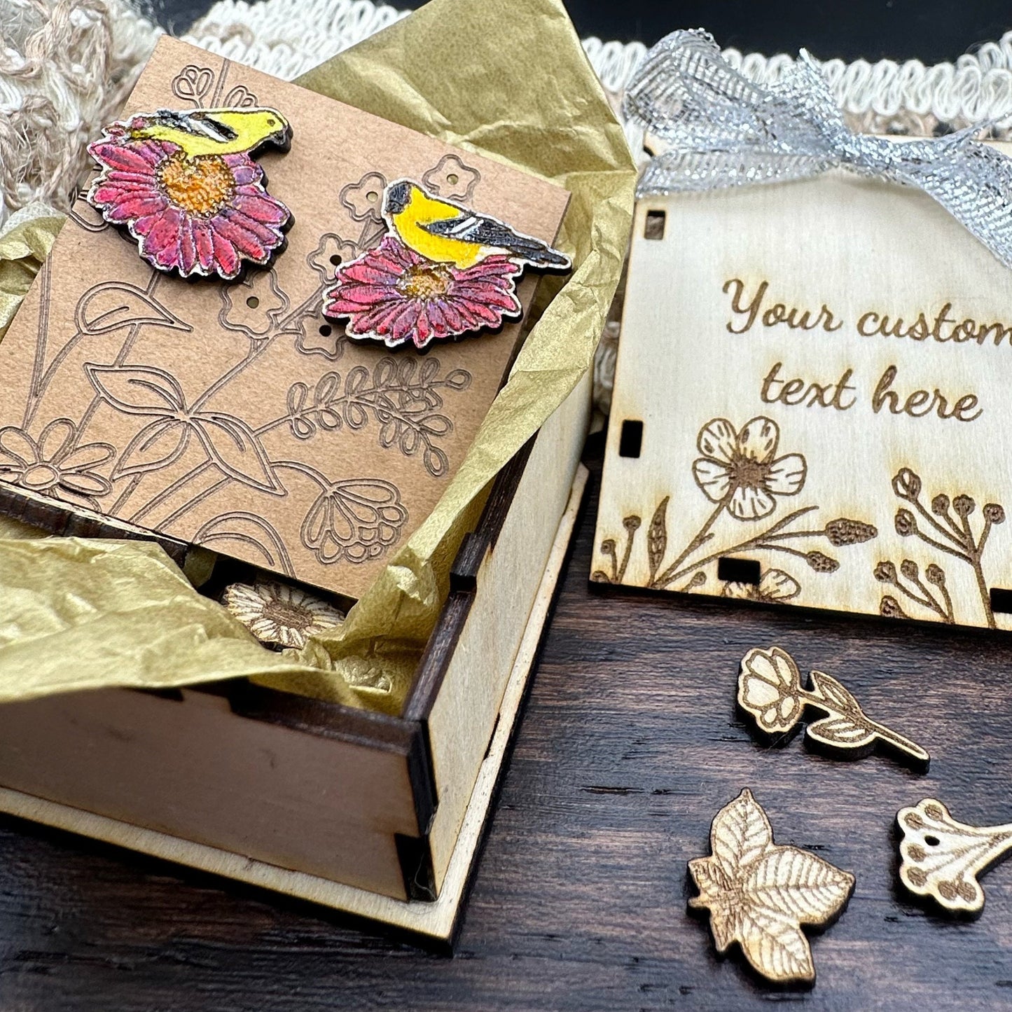 Asymmetrical Goldfinch on Coneflower Earrings in a wood gift box