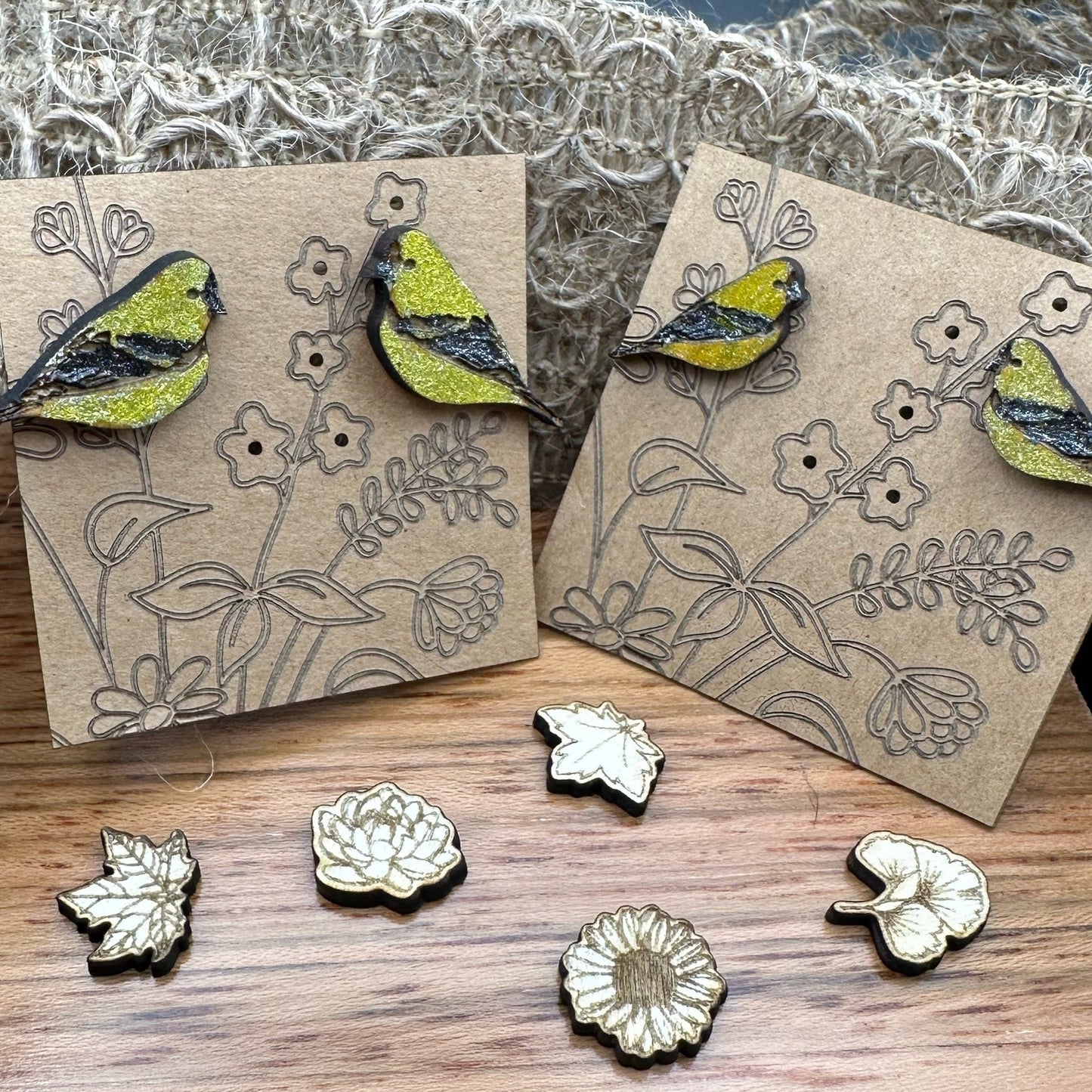 Handmade Goldfinch Earrings- 2 sizes -Mailed in a wood gift box-