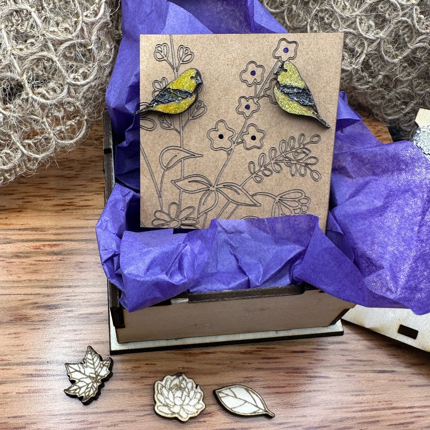 Handmade Goldfinch Earrings- 2 sizes -Mailed in a wood gift box-