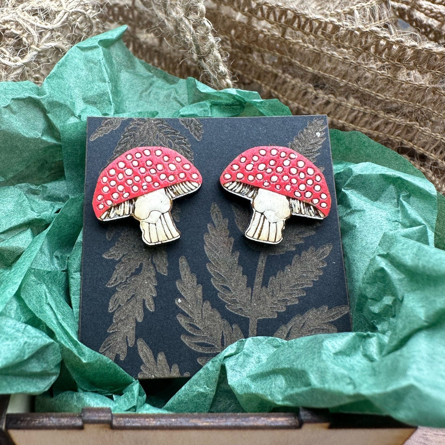 Mushroom Earrings in a wood gift box