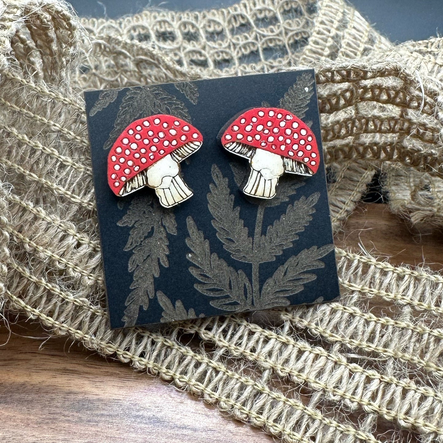 Mushroom Earrings in a wood gift box