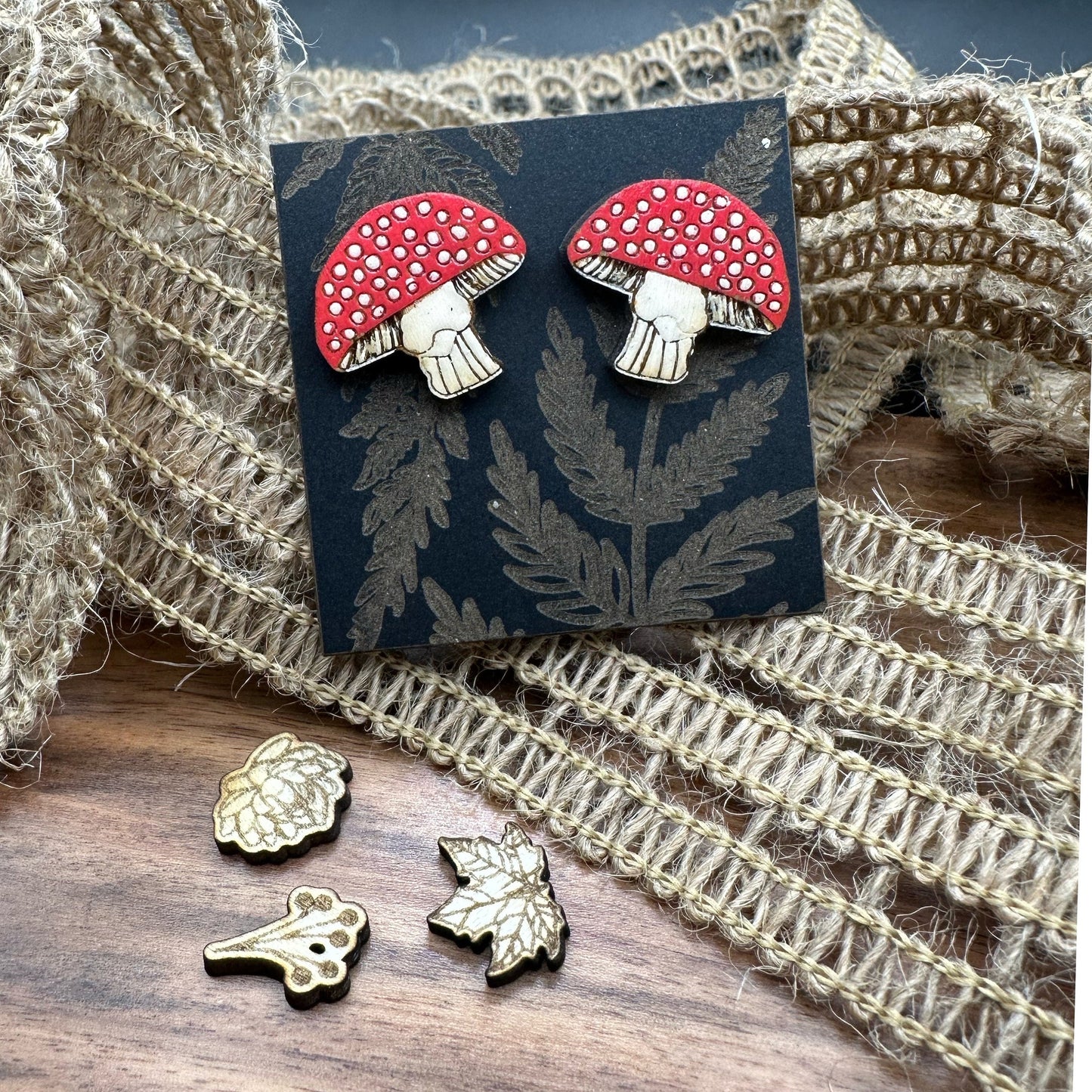 Mushroom Earrings in a wood gift box