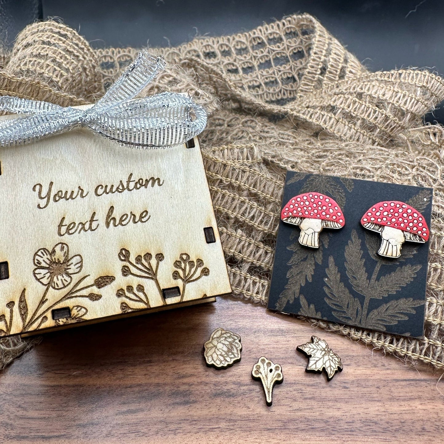 Mushroom Earrings in a wood gift box