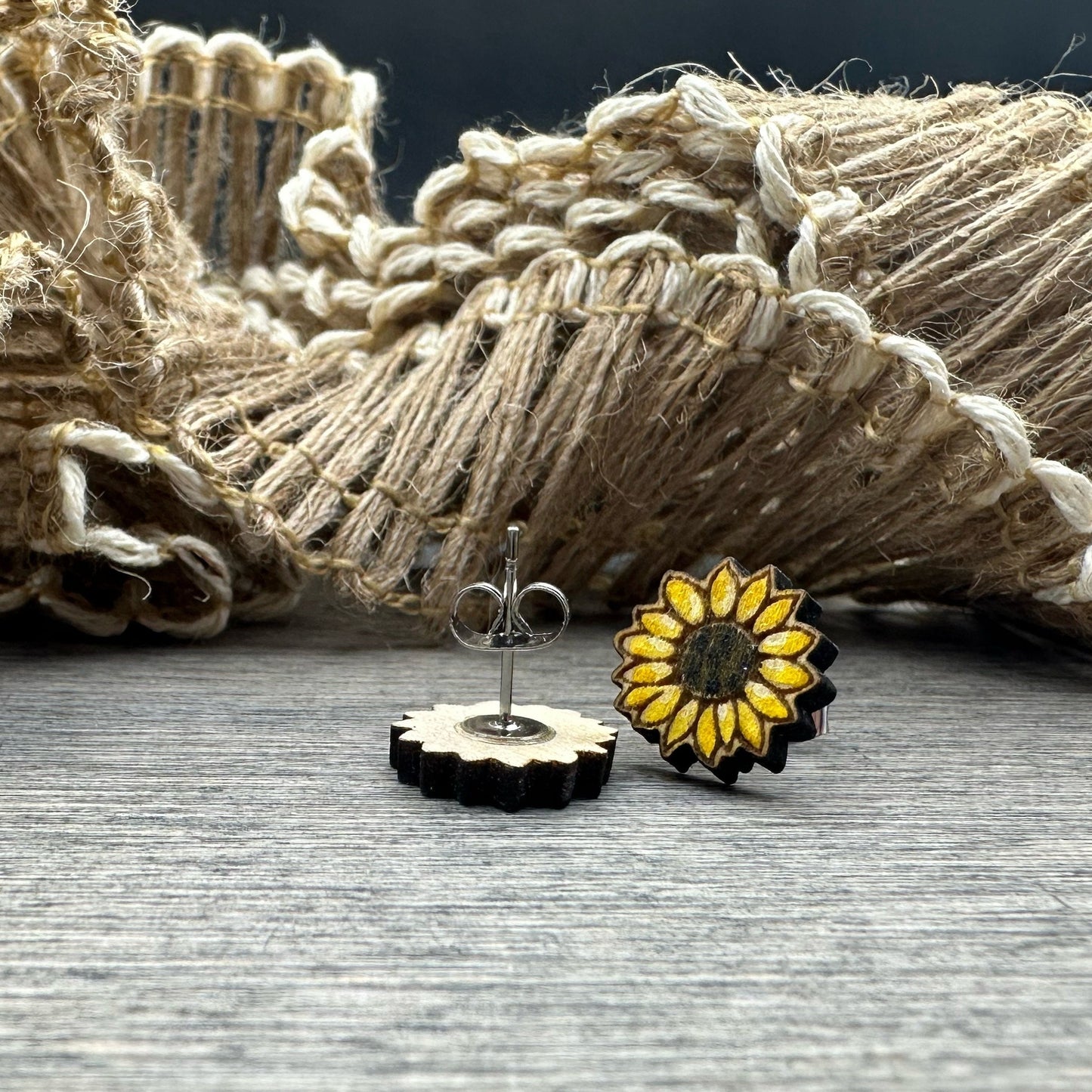 Painted Wood Sunflower Studs -Mailed in a wood gift box-