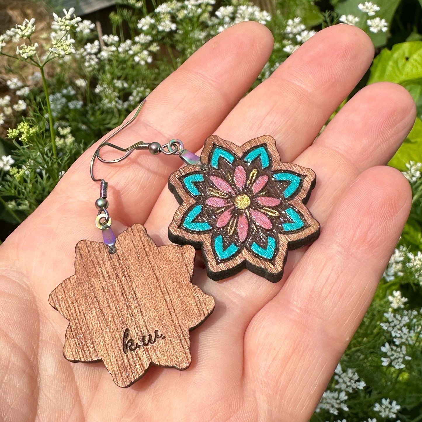 Laser Cut Hand Painted Rosewood Wood Earrings with Rainbow Stainless Steel French Hook Findings for Jewelry