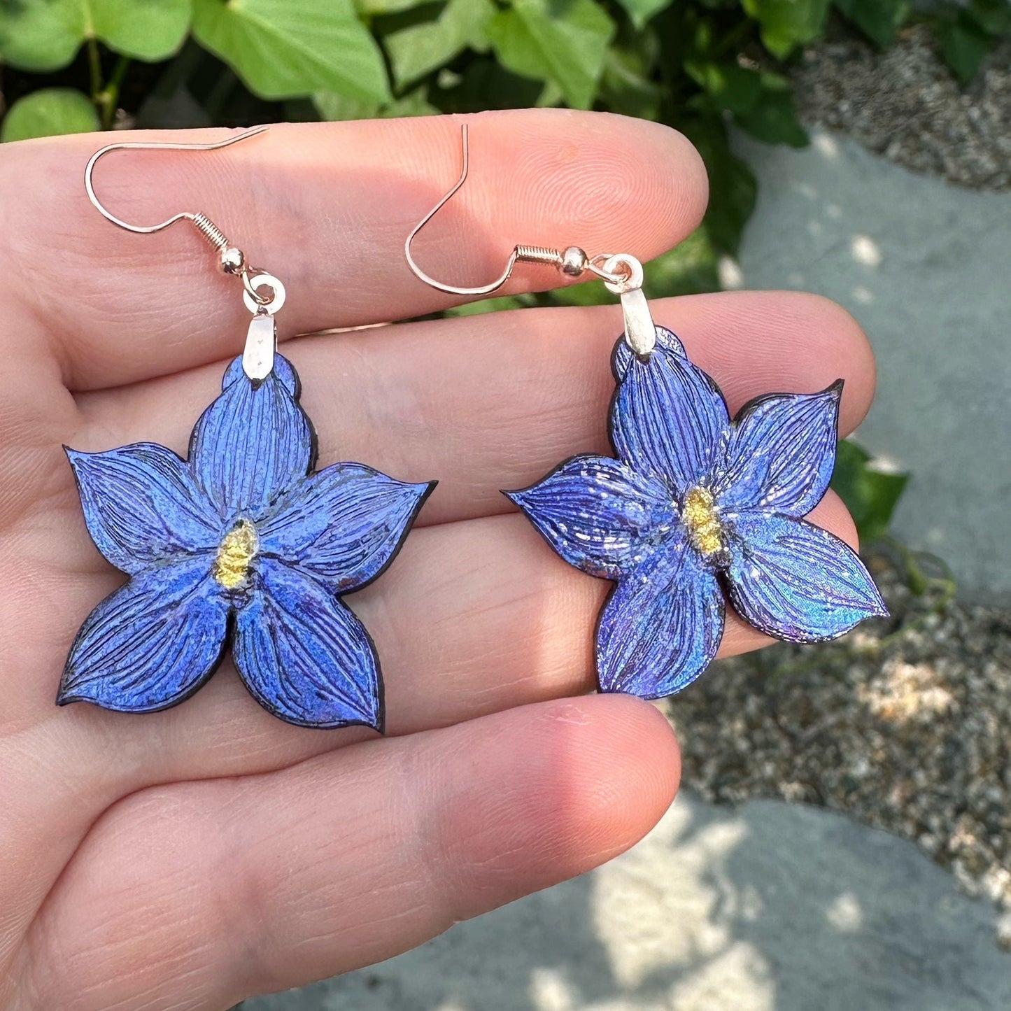 Colorshift Blue Orchid Earrings in a wood gift box