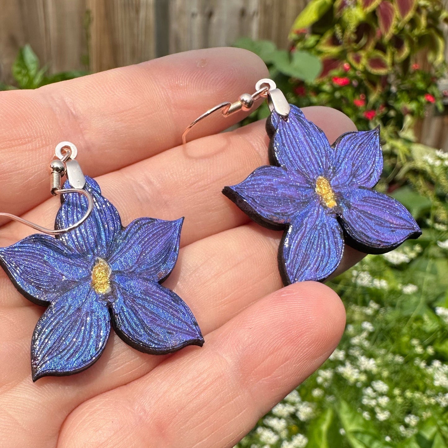 Colorshift Blue Orchid Earrings in a wood gift box