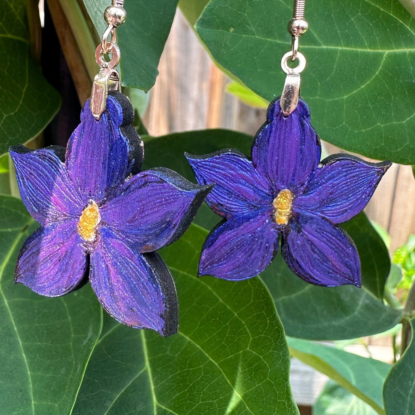 Colorshift Blue Orchid Earrings in a wood gift box