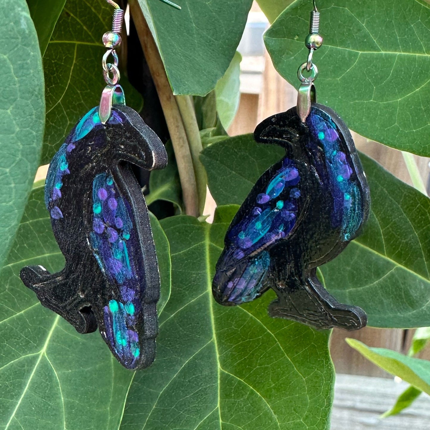 Hand-painted Iridescent Crow Stud Earrings