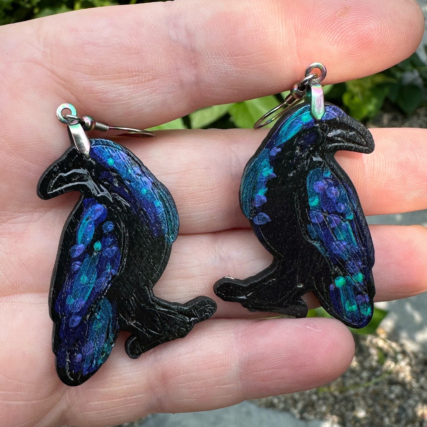 Hand-painted Iridescent Crow Stud Earrings