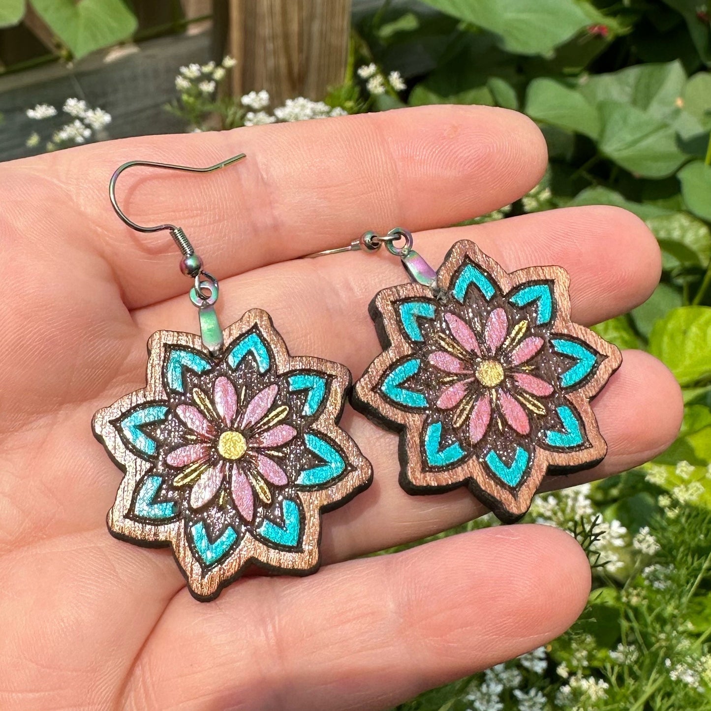 Laser Cut Hand Painted Rosewood Wood Earrings with Rainbow Stainless Steel French Hook Findings for Jewelry