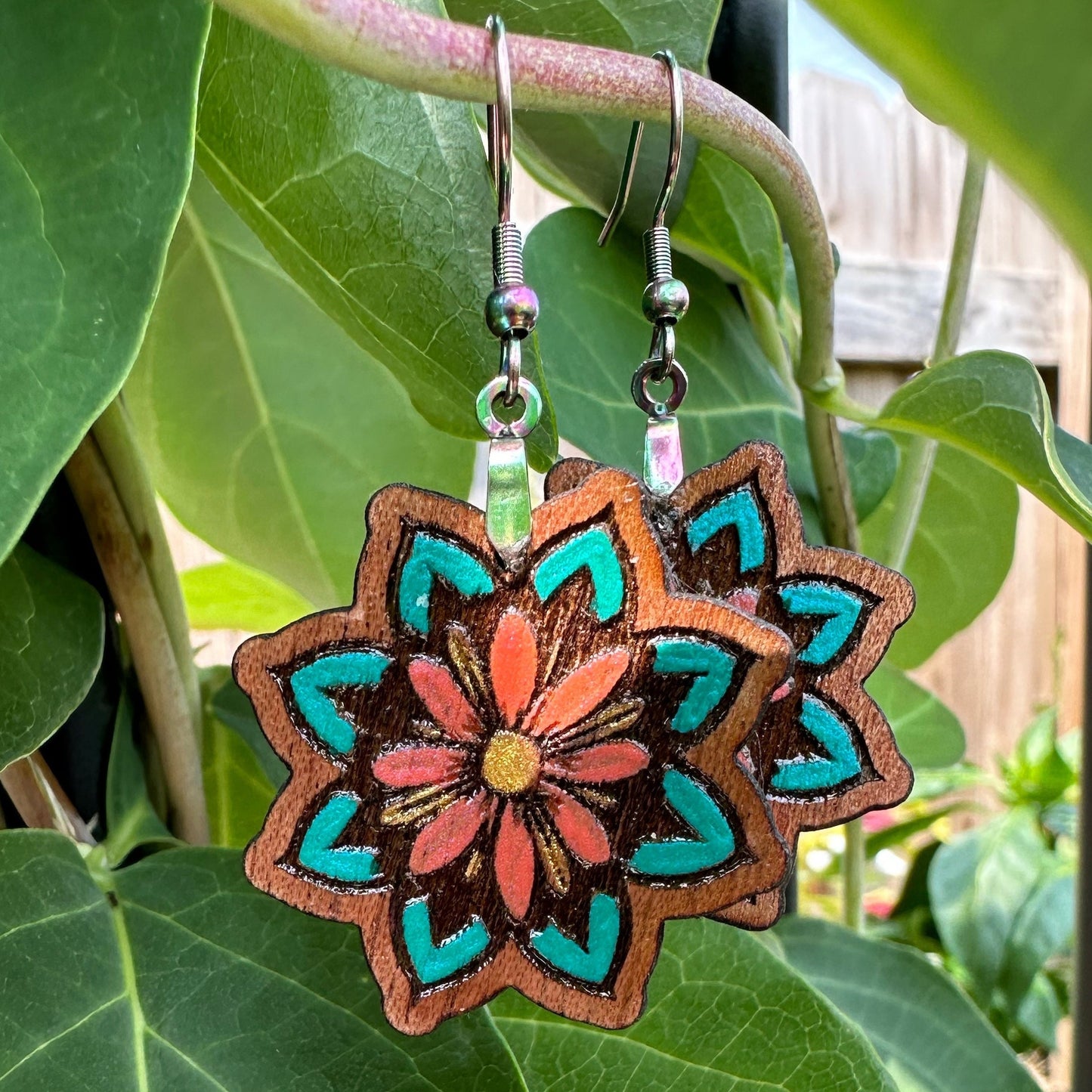 Laser Cut Hand Painted Rosewood Wood Earrings with Rainbow Stainless Steel French Hook Findings for Jewelry