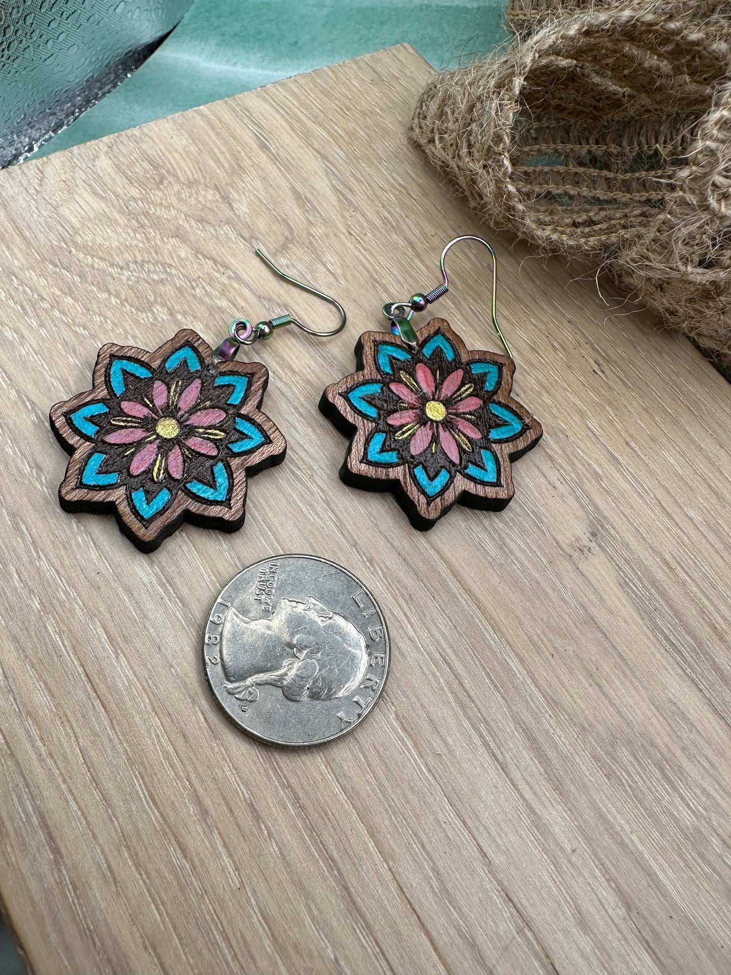 Laser Cut Hand Painted Rosewood Wood Earrings with Rainbow Stainless Steel French Hook Findings for Jewelry