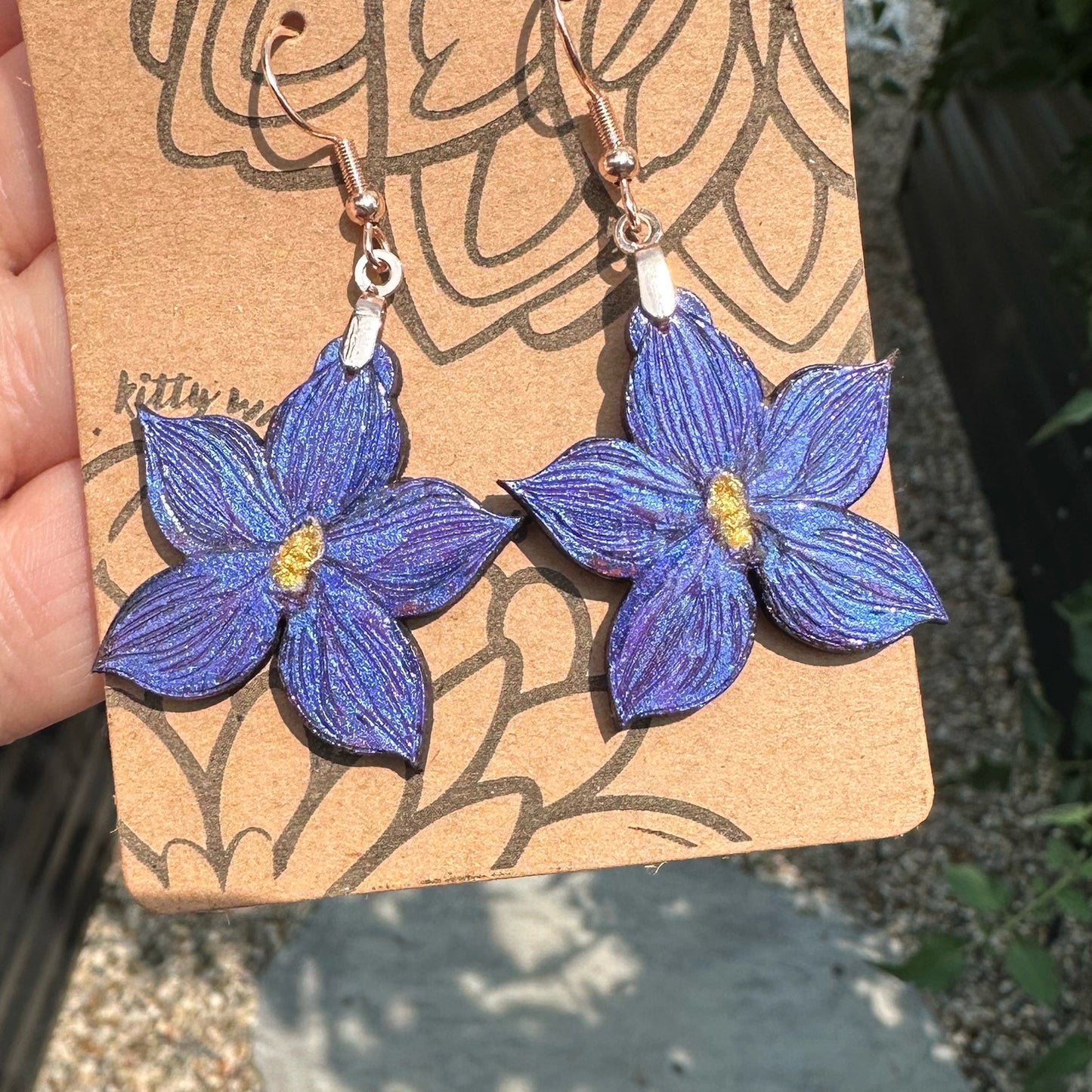 Colorshift Blue Orchid Earrings in a wood gift box