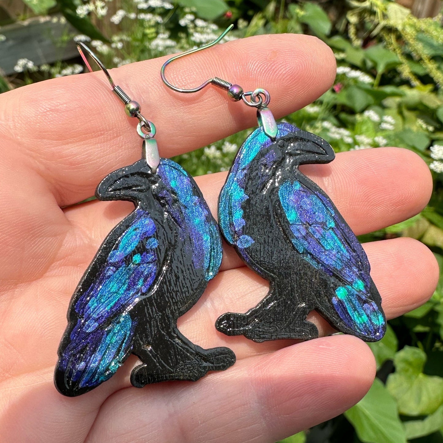 Hand-painted Iridescent Crow Stud Earrings