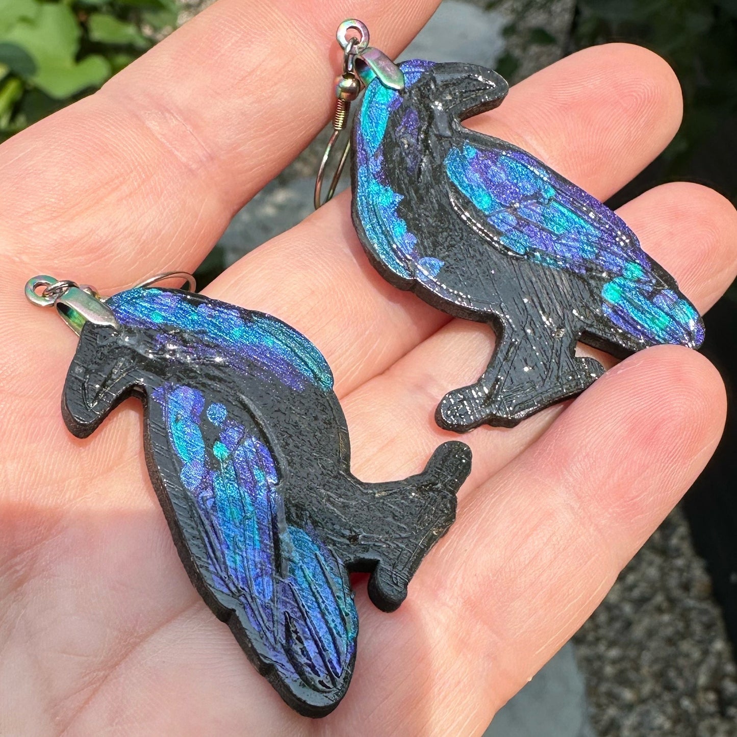 Hand-painted Iridescent Crow Stud Earrings