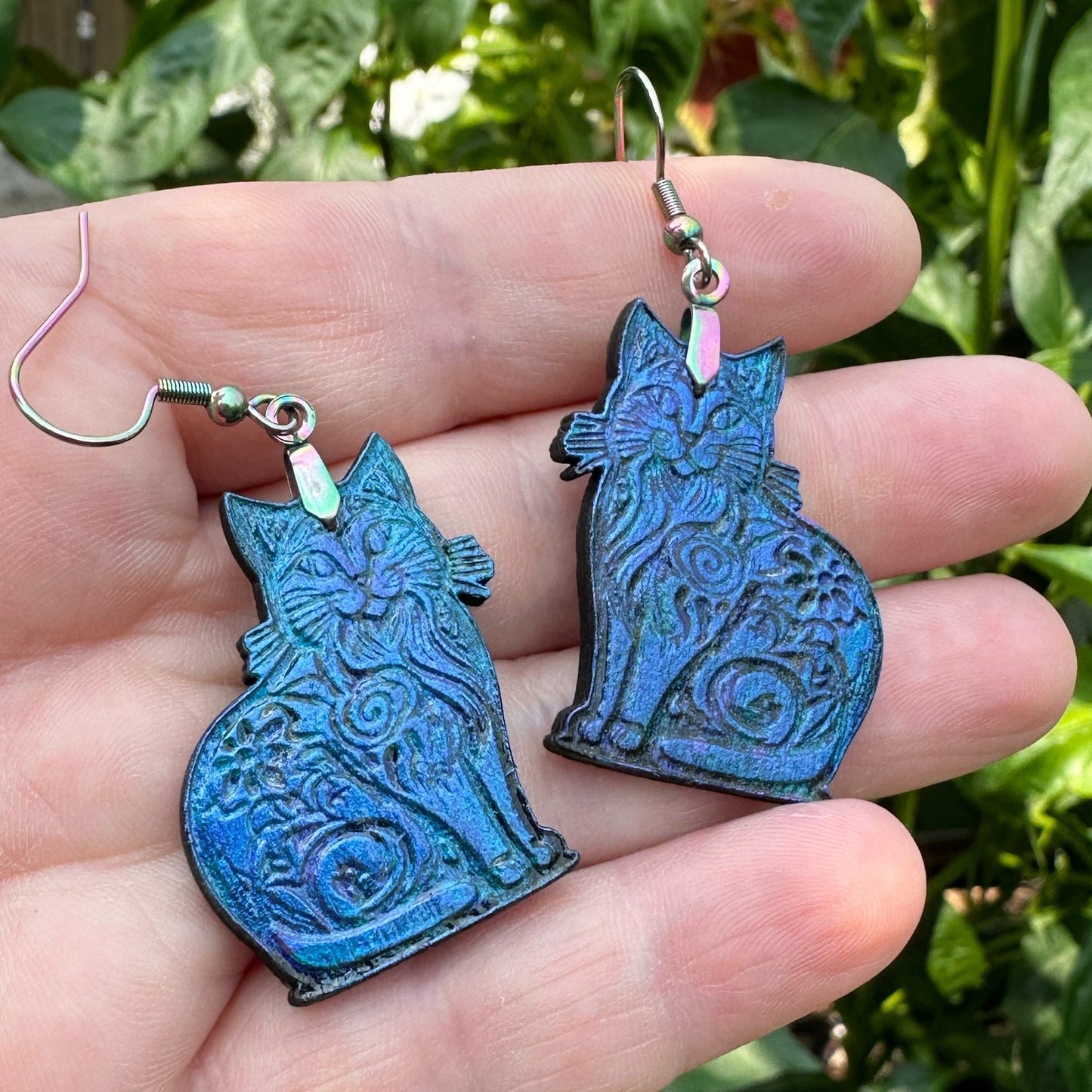 Colorshift Engraved Wood Cat Earrings in a wood gift box