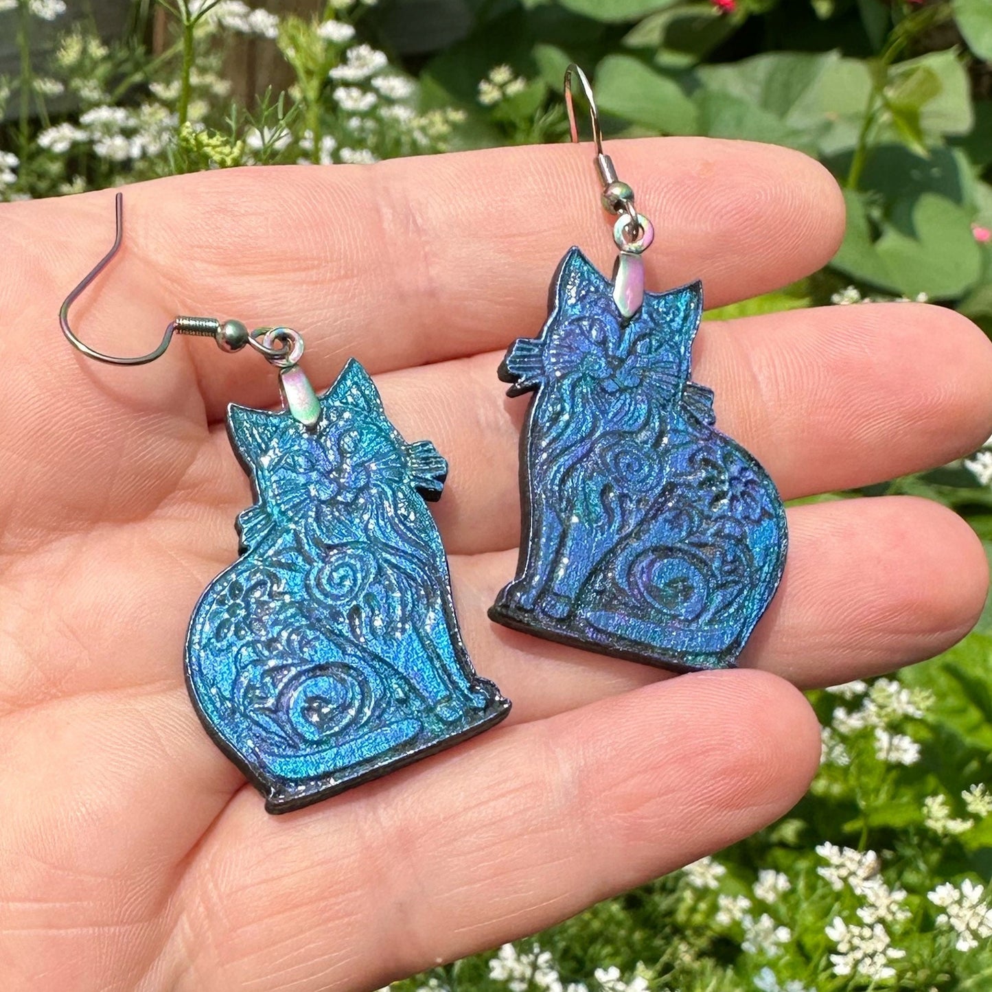 Colorshift Engraved Wood Cat Earrings in a wood gift box