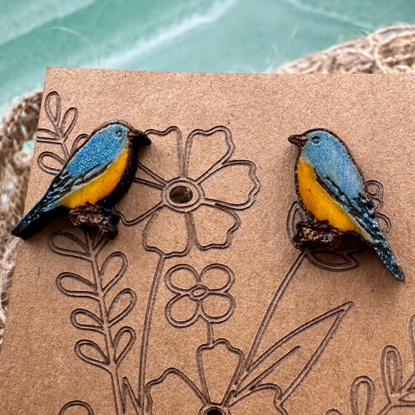 Dainty Bluebird Earrings in a wood gift box