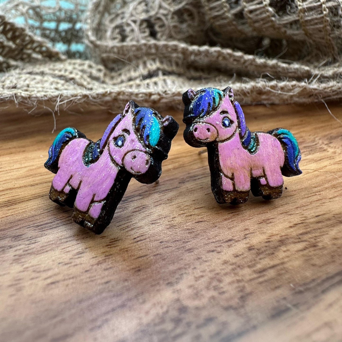 Colorful Kawaii Horse Studs in a wood gift box