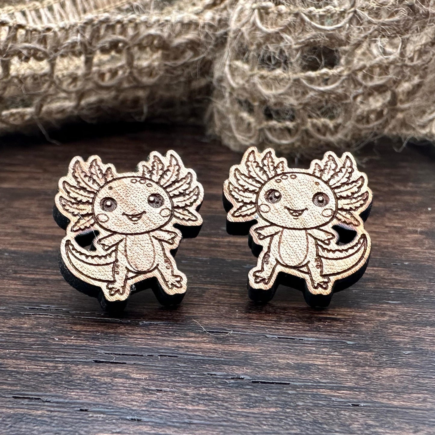 Cherrywood Axolotl Studs in a gift box