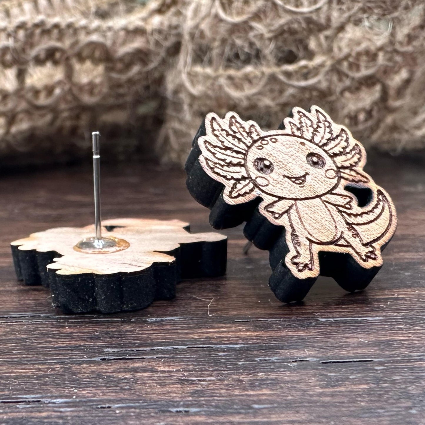 Cherrywood Axolotl Studs in a gift box