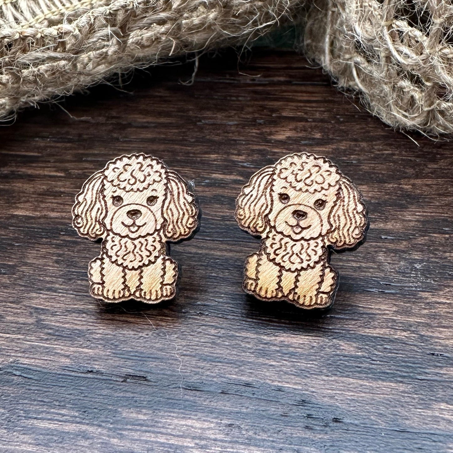 Cherrywood Poodle Earrings in a wood gift box