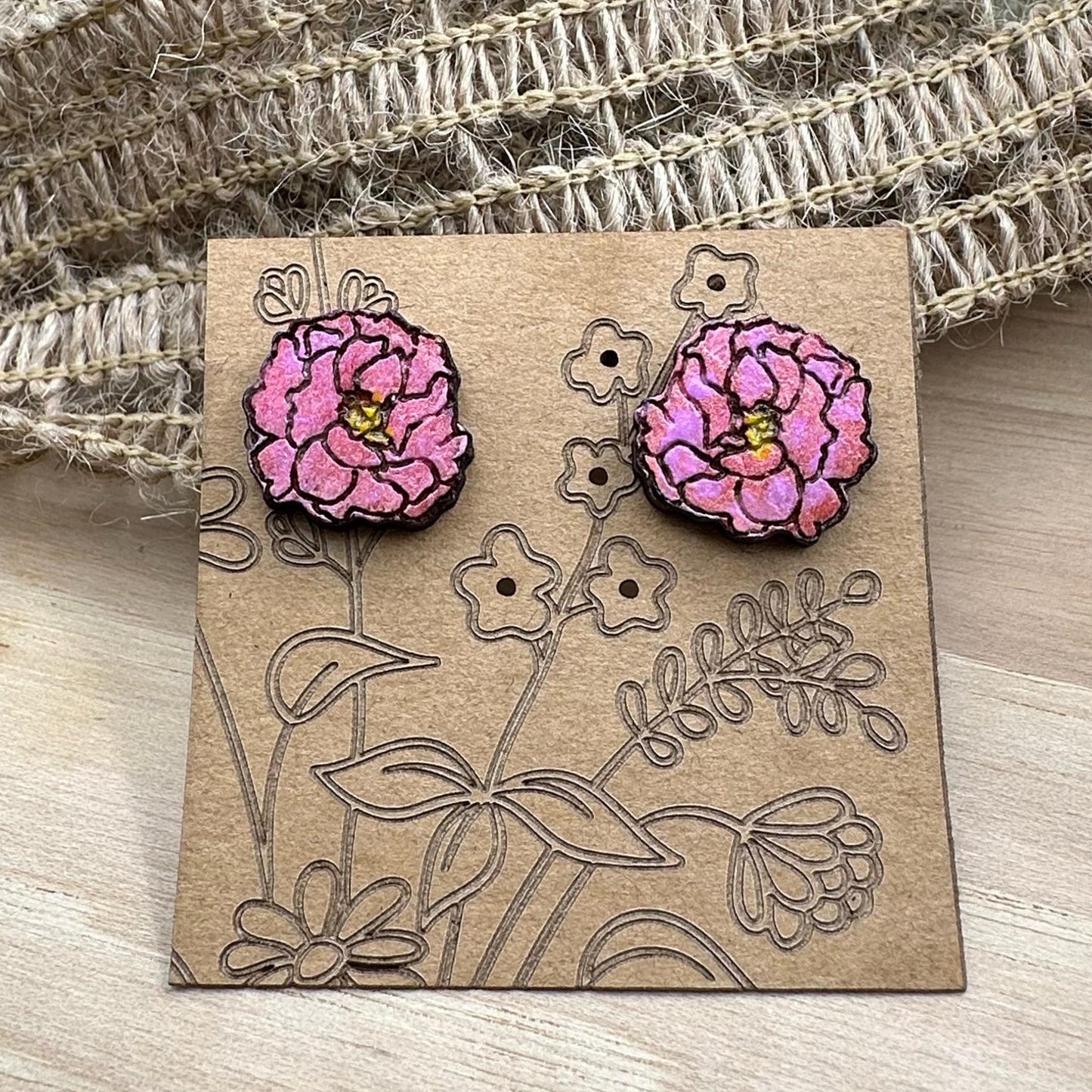 Peony Stud Earrings in a wood gift box