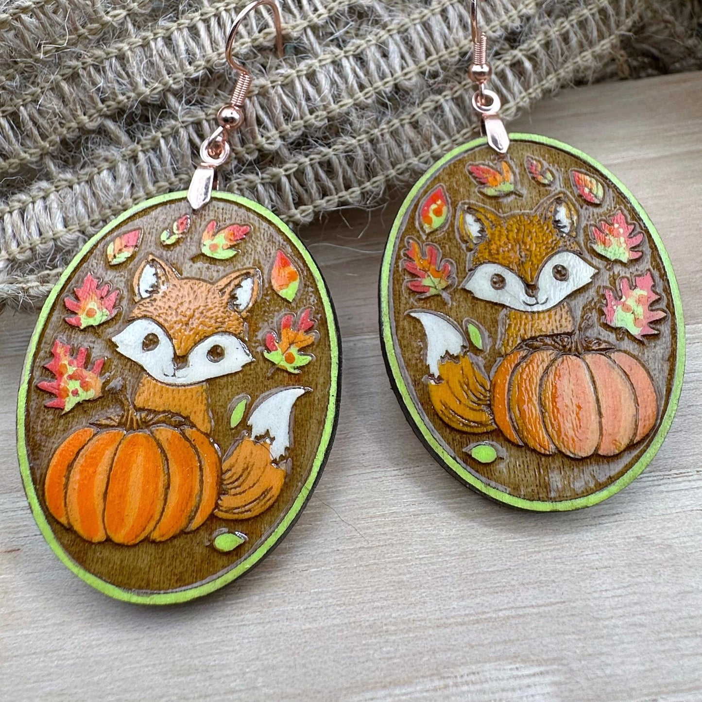 Fall Fox Dangle Earrings in a wood gift box