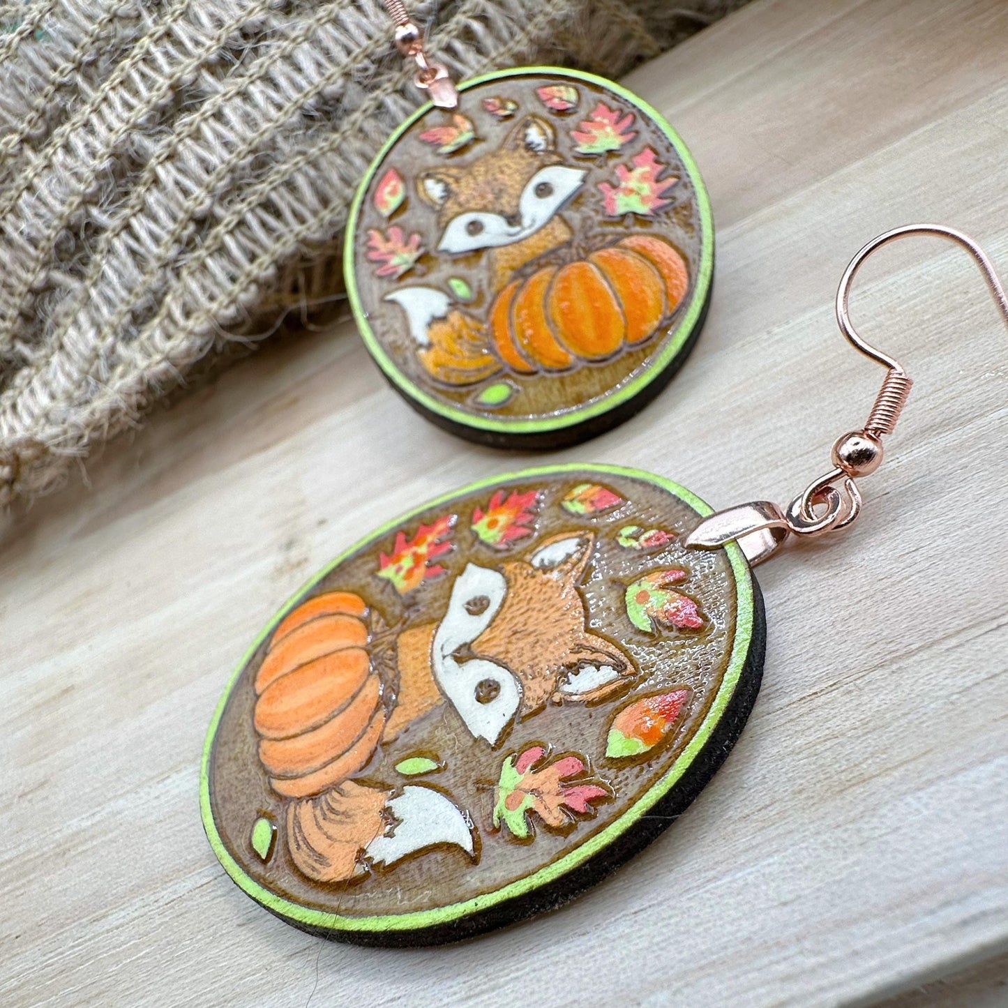 Fall Fox Dangle Earrings in a wood gift box