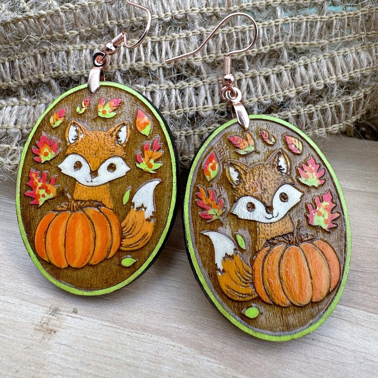 Fall Fox Dangle Earrings in a wood gift box