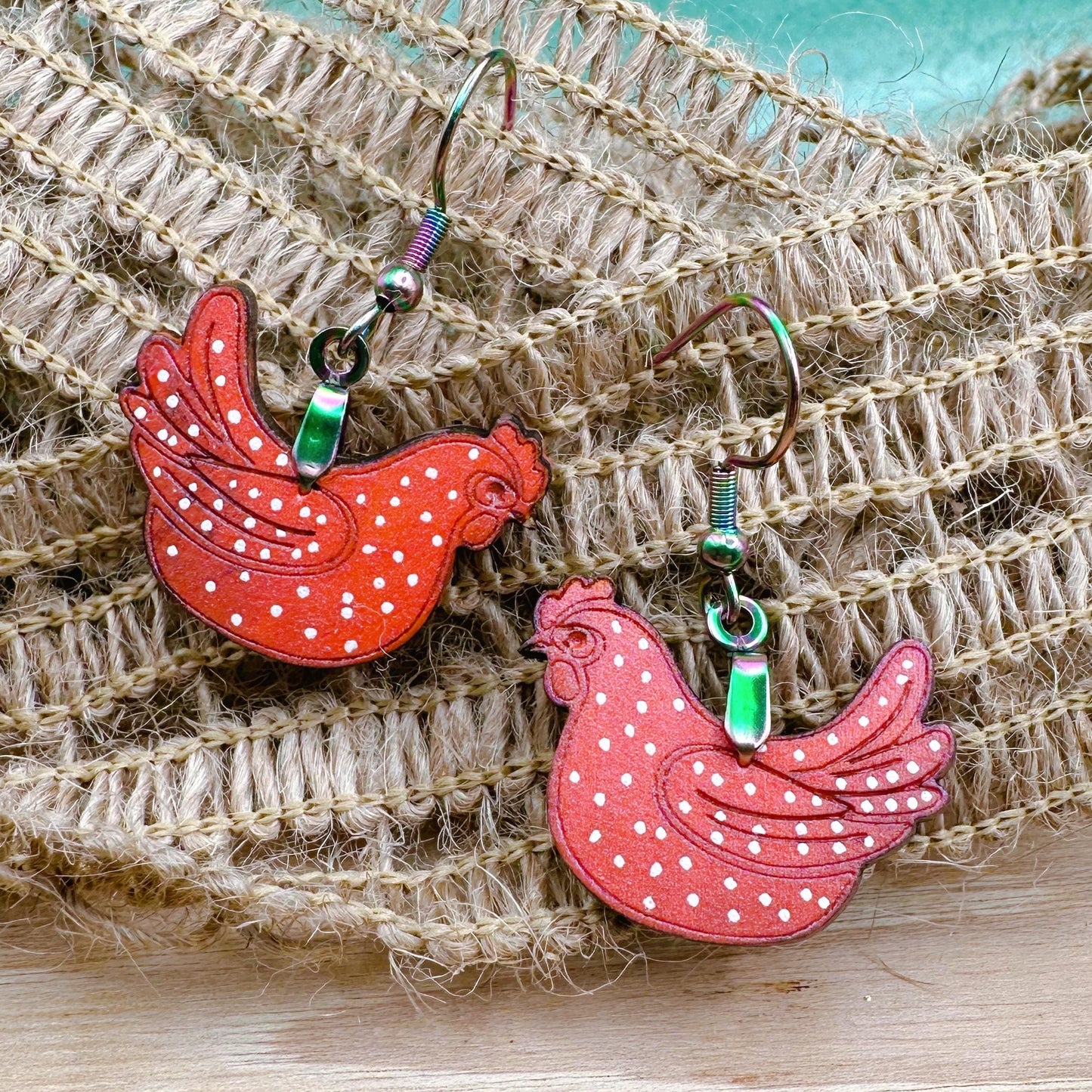 Colorshift Polkadot Chicken Earrings in a wood gift box