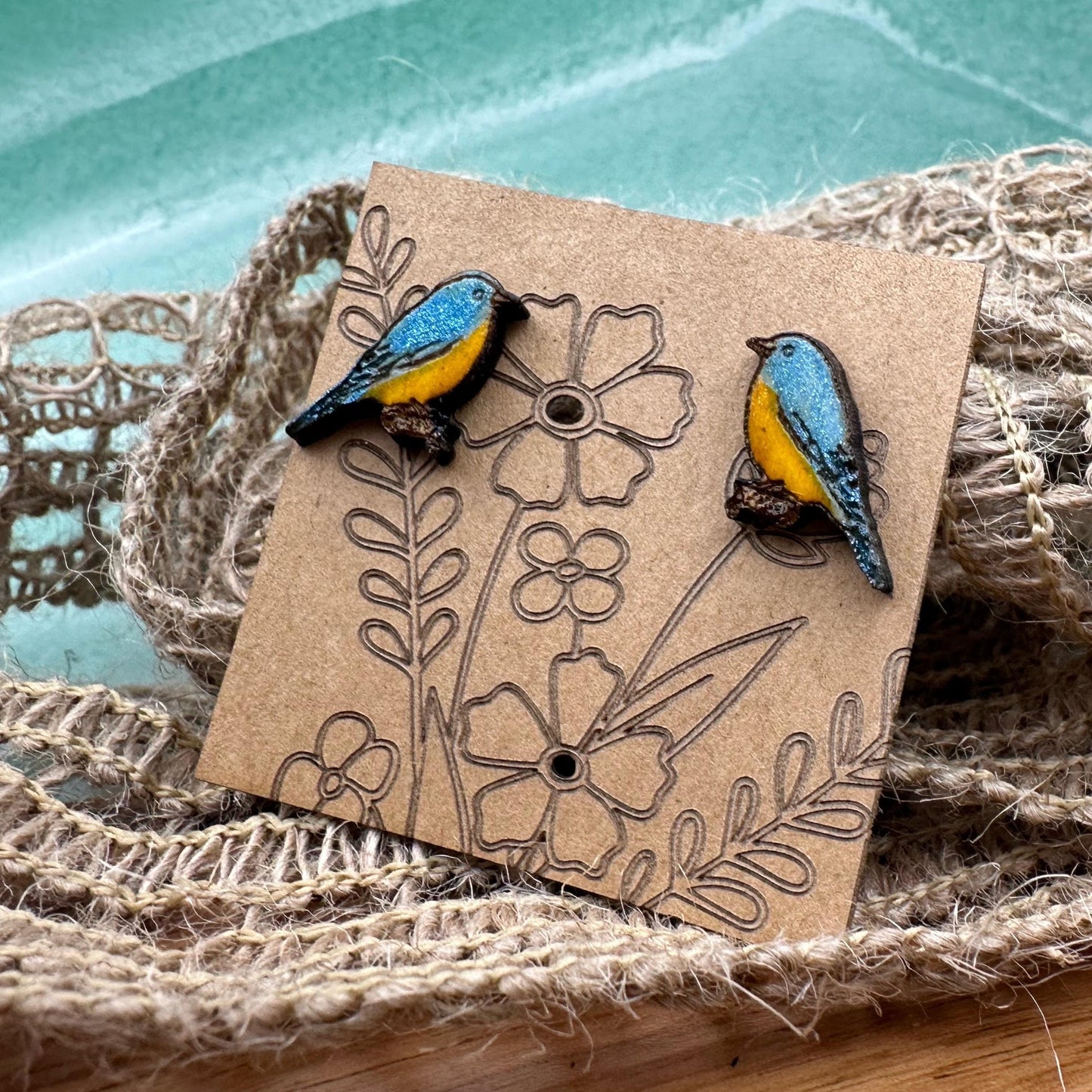 Dainty Bluebird Earrings in a wood gift box