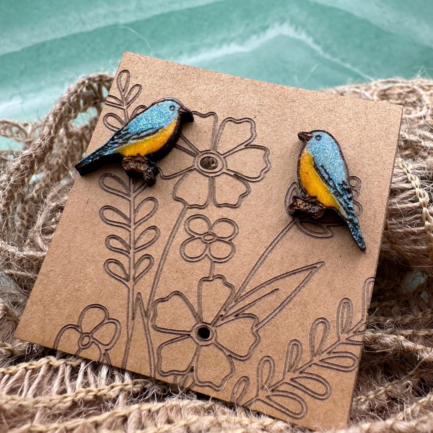 Dainty Bluebird Earrings in a wood gift box