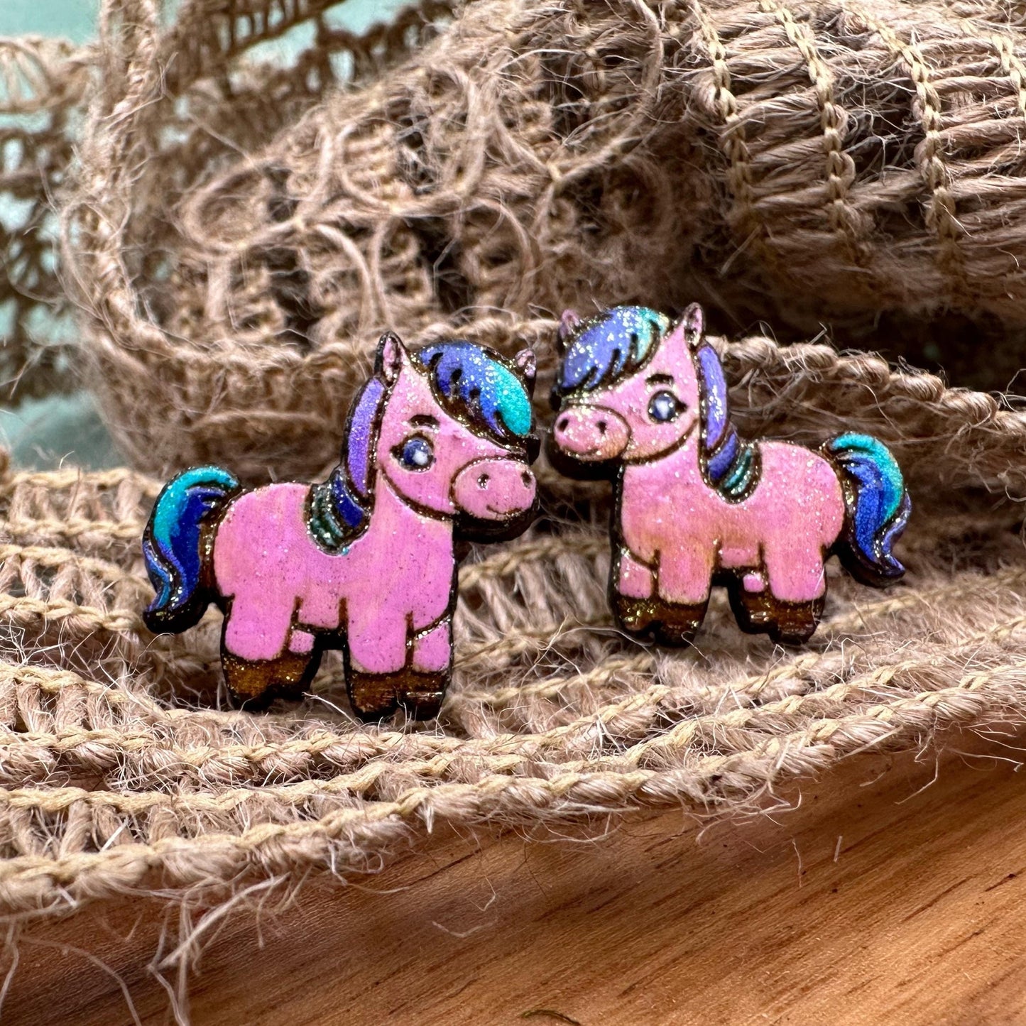 Colorful Kawaii Horse Studs in a wood gift box