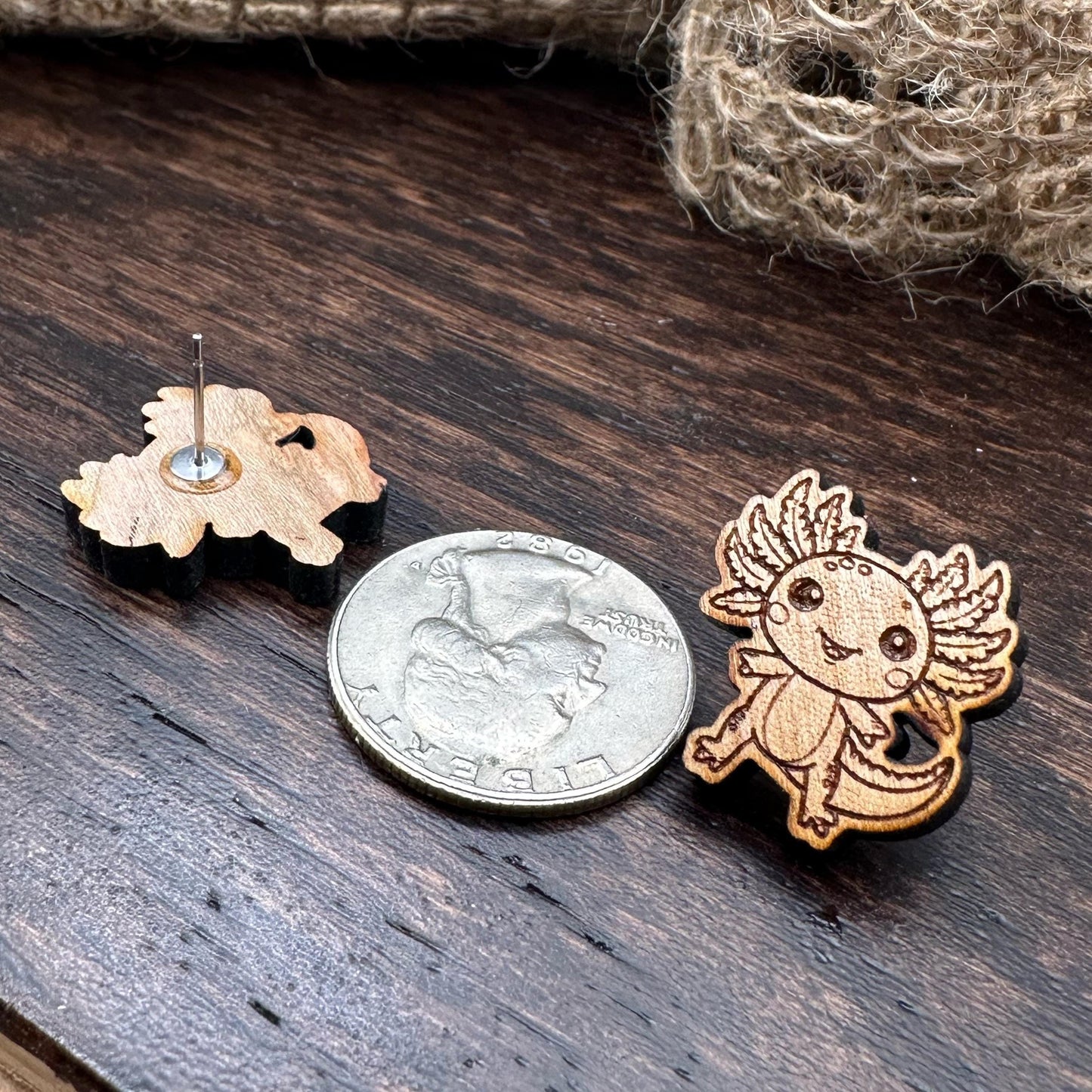 Cherrywood Axolotl Studs in a gift box