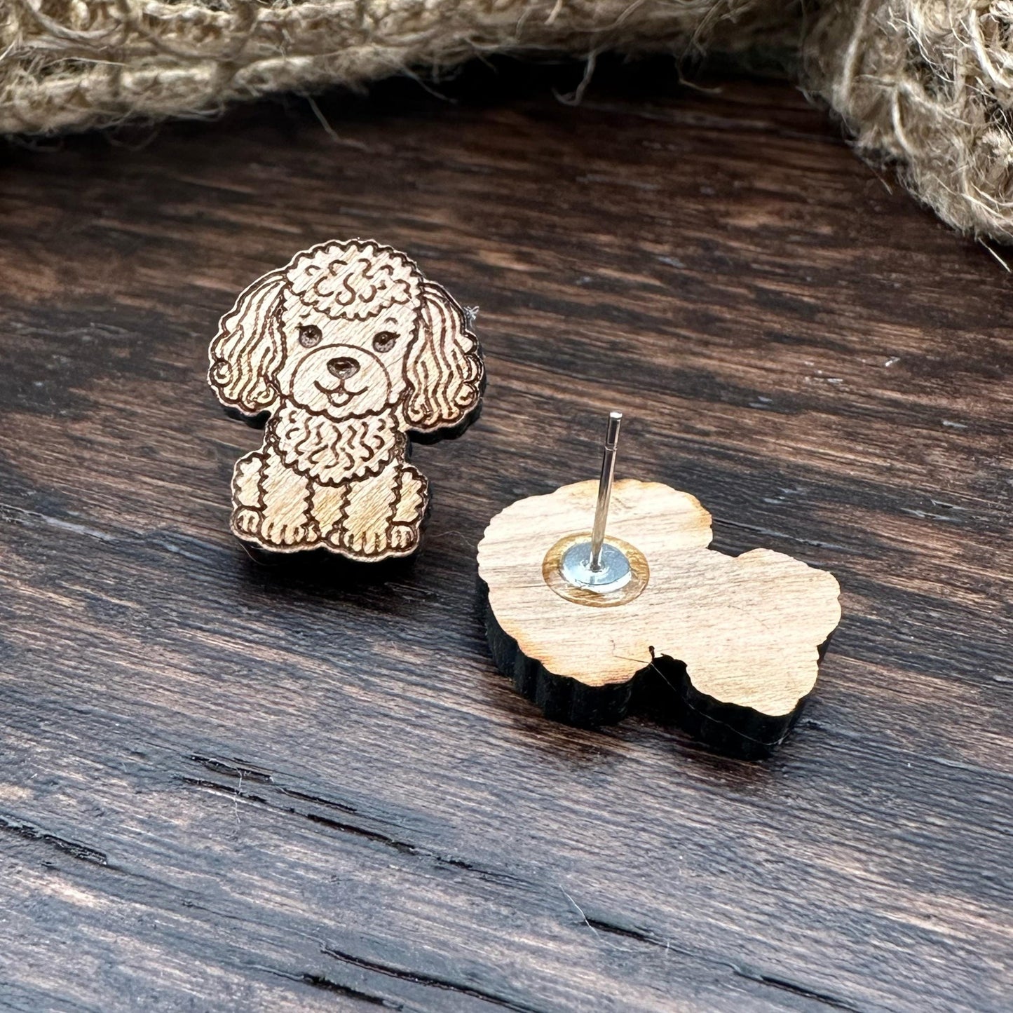 Cherrywood Poodle Earrings in a wood gift box